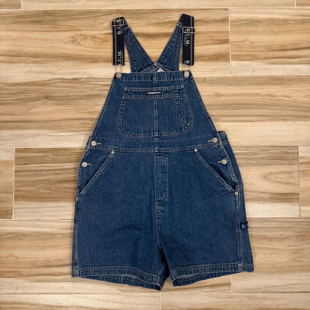Vintage B.U.M. Equipment Denim Shortalls Medium Wash Logo Straps Womens Large